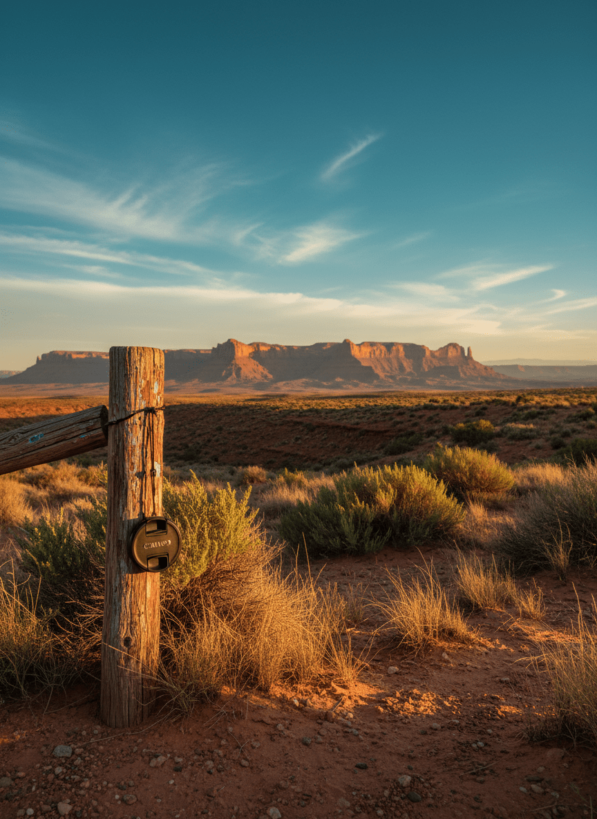 An expansive New Mexico desert landscape captured in photographic realism, with layered red and ochre mesas receding into the distance under a vast, cloud-streaked turquoise sky. In the foreground, a weathered wooden fence post supports a dangling, slightly tarnished camera lens cap, hinting at a photographer pausing mid-journey. Sparse sagebrush and dry grasses catch the late-afternoon sun, creating intricate highlights and long, delicate shadows. The light is warm and directional, emphasizing the textures of rock, wood, and sand while leaving the distant cliffs in slightly hazy focus. Composed with the fence post in the lower third and the horizon high, shot at eye level with moderate depth of field, the mood is quiet, contemplative, and distinctly Southwestern—ideal for a photography-focused header image.