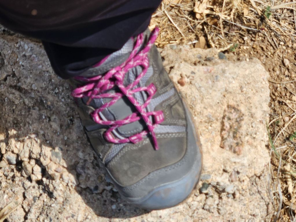 Close-up of a hiking shoe with pink laces positioned on rocky, uneven terrain.