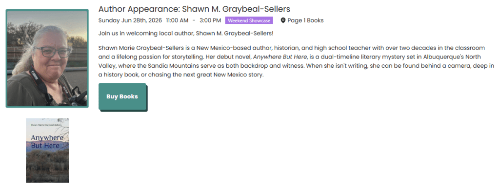 Image of author Shawn M. Graybeal-Sellers, featuring a welcoming author appearance announcement for her book 'Anywhere But Here' at Page 1 Books on June 28th, 2026.